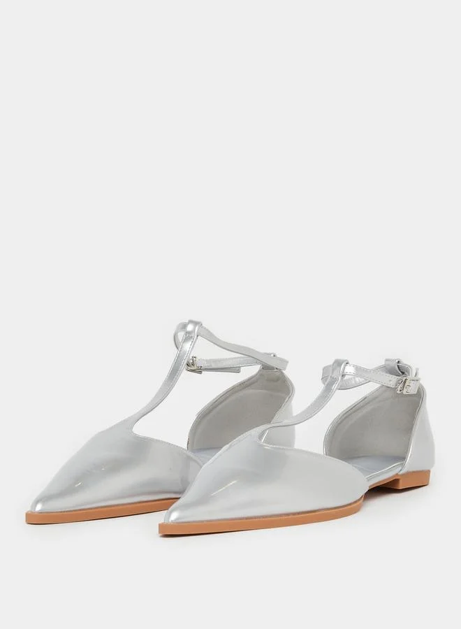 Styli Silver T-Strap Flats Shoes